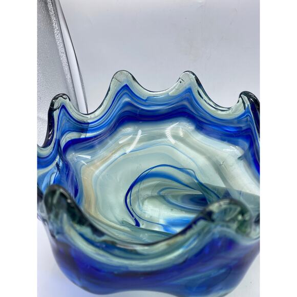 Vintage Art Glass Sooner‎ Blue Swirl Murano Style Hand Blown Swan Bowl Dish - Picture 5 of 8